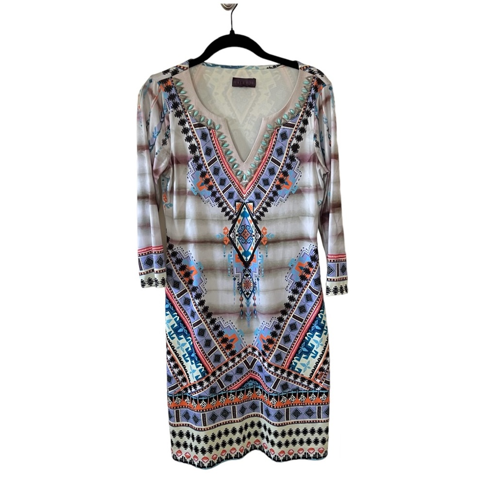 Hale Bob multicolor tribal southwestern print beaded v neck dress size XS